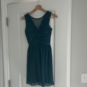 Speechless Teal Lace Sequin V-Neck Midi Dress